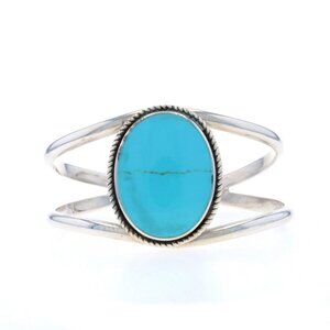 Sterling Silver Turquoise Solitaire Cuff Bracelet 6 1/2" -925 Rope Border Mexico